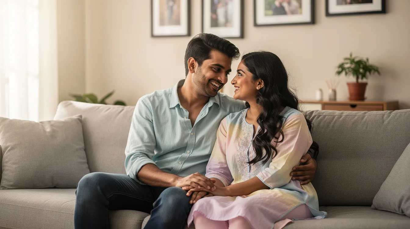 A joyful Indian couple sits closely together, sharing smiles and laughter, embodying a positive mood as they discuss their journey towards starting a family. This image reflects the warmth of relationships and the hopeful spirit of those trying to conceive, highlighting the importance of emotional support during the process of getting pregnant.