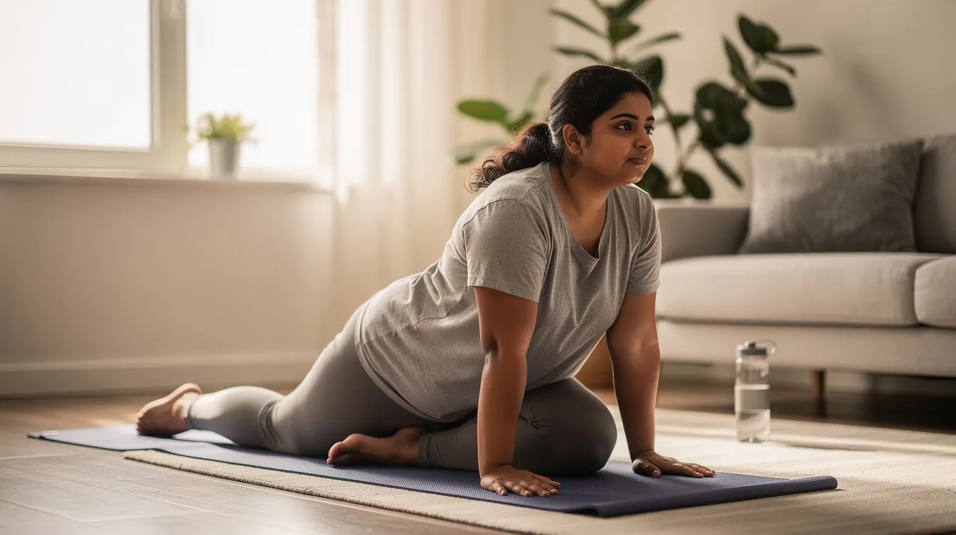 A young Indian woman, not particularly fit, is practicing yoga on a mat in a serene environment, focusing on her breathing and posture. Engaging in such moderate exercise can be beneficial for reproductive health and may improve fertility factors for those trying to conceive.