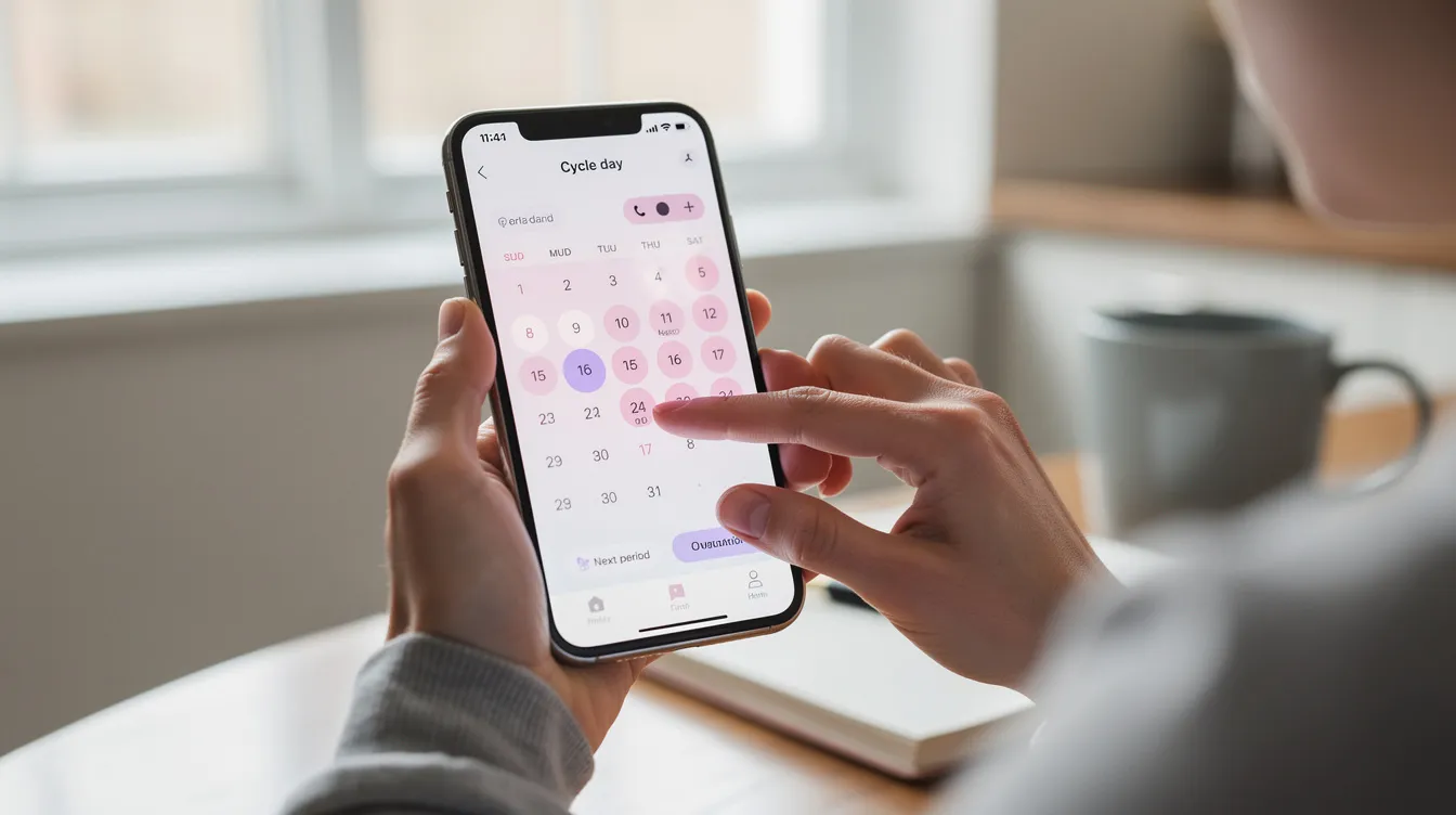 The image shows a person intently checking a calendar app on their smartphone, likely tracking their menstrual cycle to better understand their fertile days and improve their chances of getting pregnant. This tool can help monitor ovulation and plan for a healthy pregnancy.